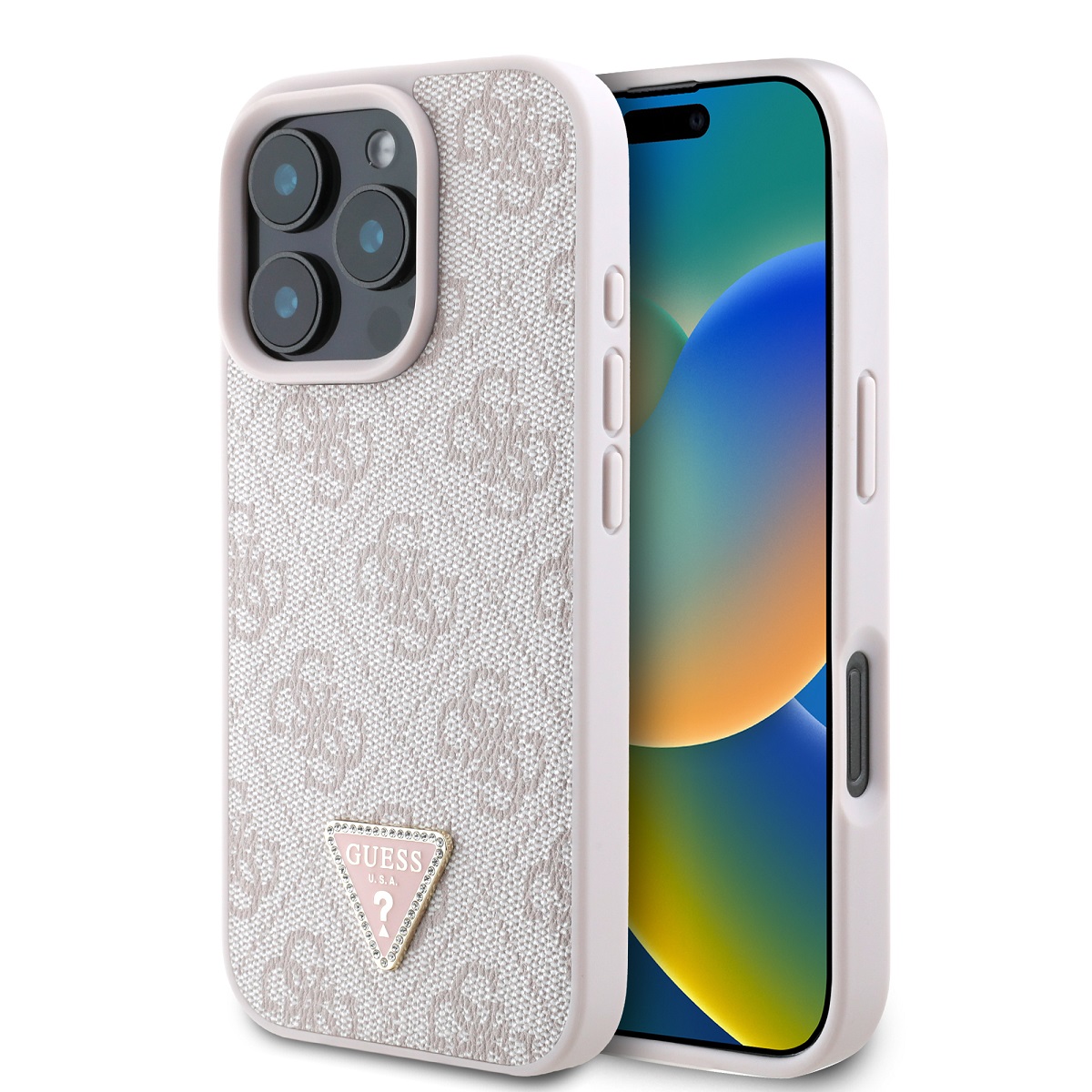 guess-pu-4g-strass-triangle-metal-logo-zadni-kryt-pro-iphone-16-pro-pink_ie13161688.jpg Калъф от Guess PU 4G Strass Triangle Metal Logo Case за iPhone 16 Pro Pink - Image 1